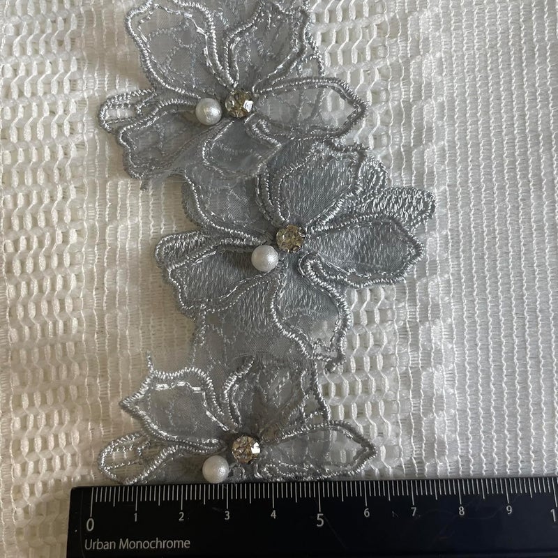 Buysk 2 Yards 3D Pearl Beads Flower Lace Trim Ribbon Floral Applique Embroidered Lace Fabric for Sewing DIY Crafts (Grey) - Image 3